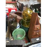 A box of items including treen, wooden boxes, glass, miniature drawers etc.
