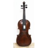 A late 19th century violin, one piece back length 355mm, stamped 'Paganini' below button, with bow