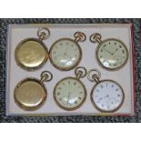 A group of six gold plated pocket watches. Condition - some running, others not.