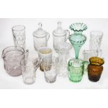 Assorted mainly 19th century glass including a pressed glass tankard decorated with a hunting