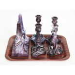 Assorted 19th century Davidson pressed glass in purple malachite comprising a pair of obelisks and