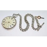 A hallmarked silver pocket watch and Albert chain, diam. 50mm, chain length 32cm. Condition - not