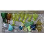 A box of assorted mainly coloured pressed glass including Edward Moore & Co, John Derbyshire etc.