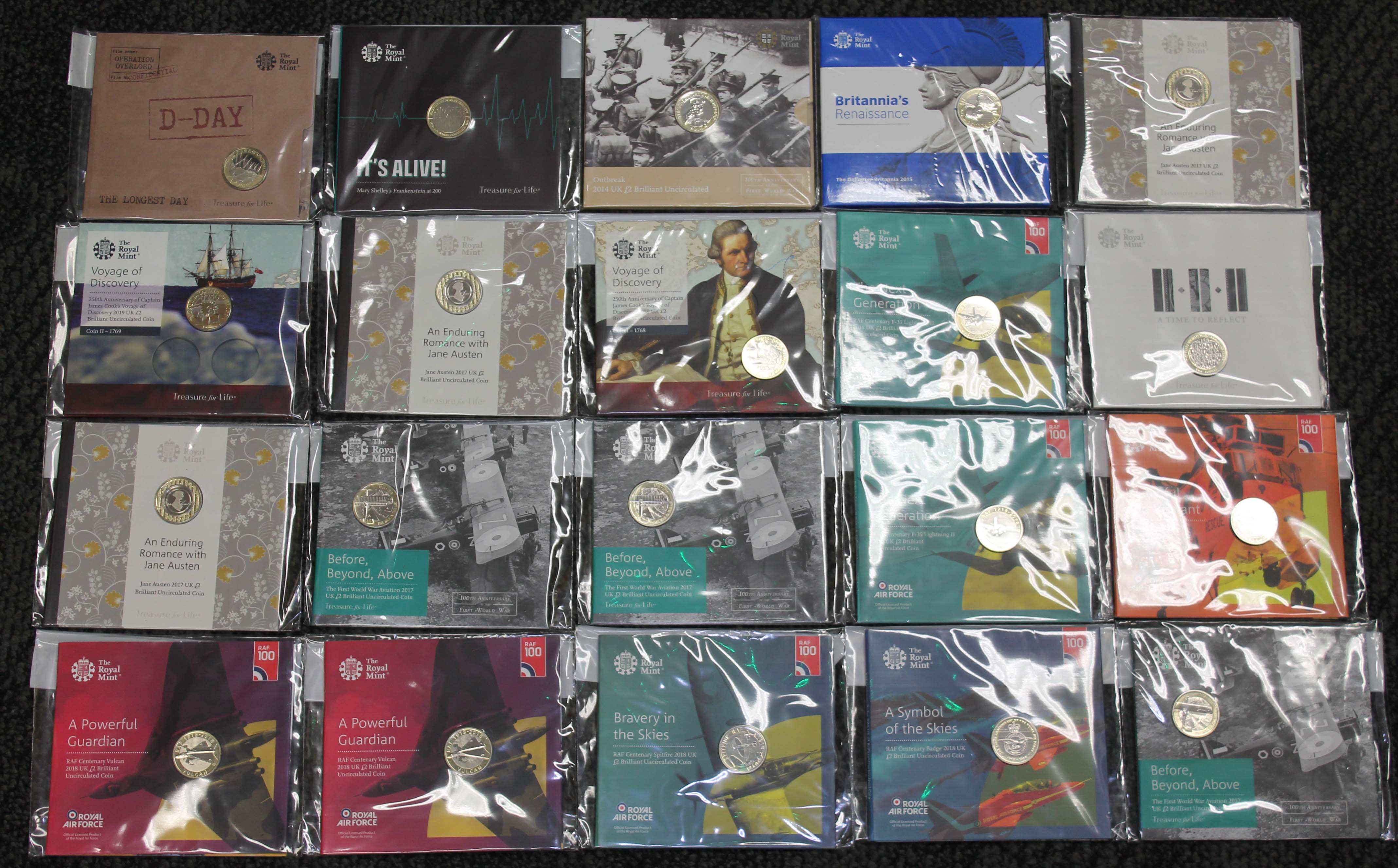 A collection of 20 Royal Mint £2 coins, various commemorative issues including RAF, Jane Austin,