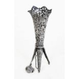 A Victorian pierced silver plated travel posy holder, with sprung tripod legs released via a screw