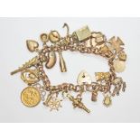 A charm bracelet, approx. 25 charms, four marked '9ct', nine hallmarked 9ct gold, nine unmarked, one