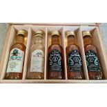 The Gaelic whisky collection wooden box containing 5 X 5cl bottles, 1 "MacNaMara", 1 "Te Beag" and 3