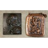 An antique bronze portrait of Franz Liszt, by Franz Stiasny and a metal religious plaque.