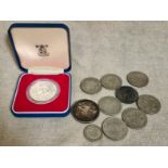 A Royal Mint 1977 silver crown with box & certificate and various coins to include a 1889 crown &