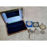 A silver vesta case, a 1921 silver dollar and some commemorative coins. Silver vesta case wt 25.37