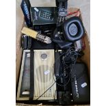 A box of mixed electricals including Mini MagLite torch, cassette recorders, radio, headphones etc.