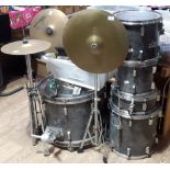 A 5 piece Yamaha drum kit plus 2 cymbals, a hi-hat and stool.