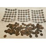 A tub of old pennies and 3 sheets of Victorian pennies.