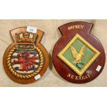 A pair of cast aluminium HMS boat badges, Cardiganbay and Osprey.