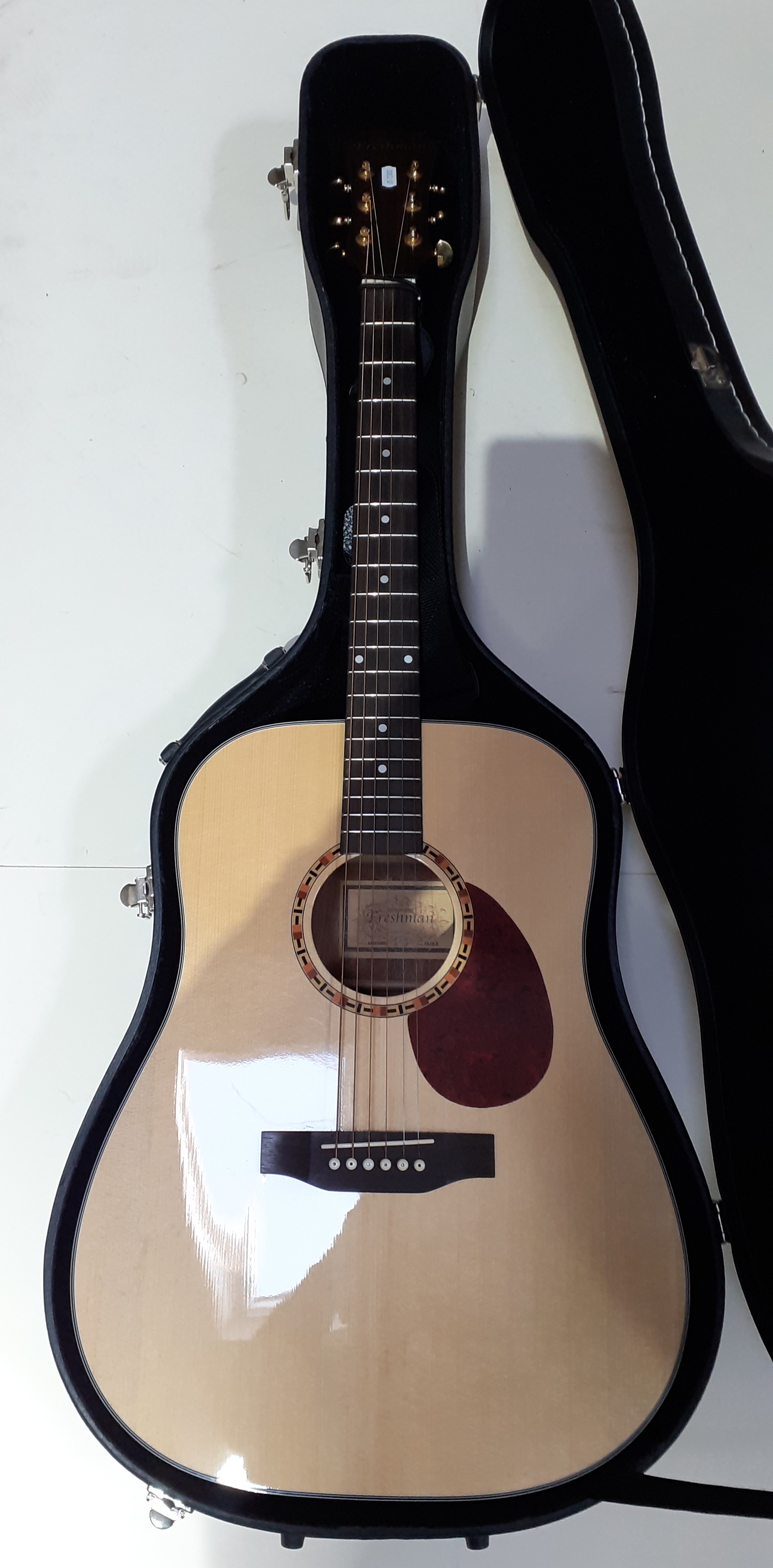 A Freshman acoustic guitar in a hard case