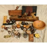 A box of mixed furniture items to include large old door lock, furniture knobs, 2 wooden turned