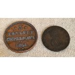 An antique 1844 3 Russian Kopeks coin and a scarce Barbadoes Penny coin, 1788 also known as "