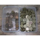 Two tubs containing three pennies and farthings.