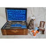 A Victorian inlaid walnut sewing box, two vintage pin cushion dolls and a treen rocking chair pin