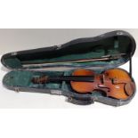 An antique violin, two piece back length 310mm, with bow and hard case.