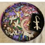 A tray with collection of novelty jewellery items including dogs, butterflies, stag, eagles, frog,