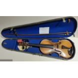 An antique violin, two piece back length 355mm, with bow and hard case.