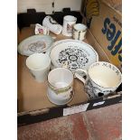 A box of commemorative ware to include a Wedgwood Guyatt mug etc.