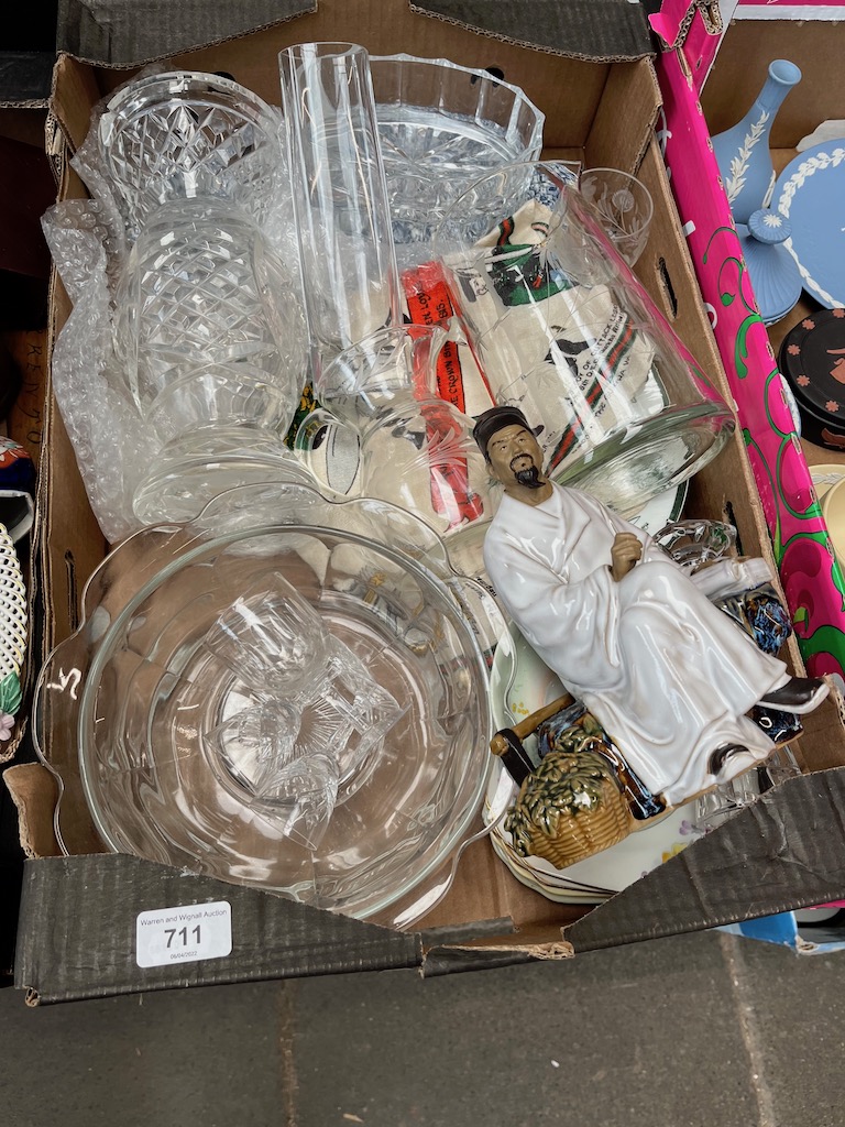 A box containing mainly glassware, some ceramics including Chinese figurine