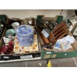 A box of pottery including Royal Stafford cup and saucer sets, Old Foley storage jar, Maxwell