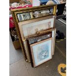 A collection of various prints and a modern gilt framed mirror.