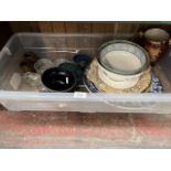 Plastic box of pottery and glassware