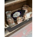 A box of assorted china and pottery comprising a pair of Maple Coalport hand painted plated, Royal