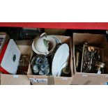 3 boxes of pottery, glassware, kitchenware, cutlery, platedware, etc.