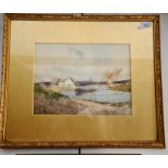 20th century school, watercolour, landscape with boat, 33cm x 24 cm, indistinctly signed to lower