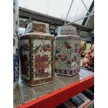Two Chinese porcelain hexagonal section jars and covers, each bearing marks to base, heights approx.