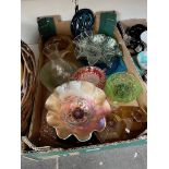 A box of glassware including plain, coloured, and carnival glass