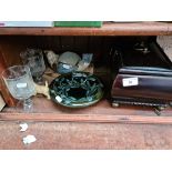 A sarcophagus biscuit barrel, 2 etched glasses, pottery bowl, glass bowl and a plastic scotty dog