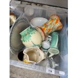 A box of ceramics including Burleigh ware, Falcon ware Grecian, Radford Butterfly ware jug etc