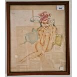 20th century school, watercolour, nude with cat, 28.5 x 34cm, indistinctly signed, framed and