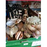 A box of Oriental ware including dog of fo, various bone and metal trinket boxes, copper and brass