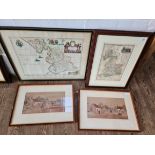 Two maps of Lancashire and a pair of watercolours signed 'C F Waugh', all framed and glazed.