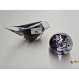 A signed Swedish art glass bird and a Caithness glass 'Extravaganza' paperweight.