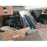 A box containing a Leitz slide projector, an Aldis SN12 projector, tripods, an Epson Photo R2400, an
