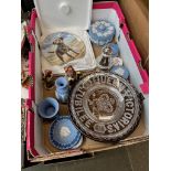 A box of misc to include Wedgwood Jasperware, Jubilee glass plate and hummel figures etc.