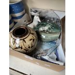 A box of assorted items including a Whitefriars glass duck, a stylised decanter, 3 Polish glass
