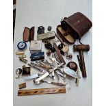 A box of collectables to include cutlery, Corona binoculars, cut-throat razor, brass faced spirit