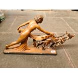 Art Deco group of semi-naked woman with an Alsatian dog, on a rectangular base, bearing impressed