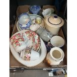 A box of mixed china including Portmerion, Wedgwood etc