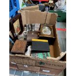 A box of assorted collectables including cameras, a clock, a cigarette box etc.