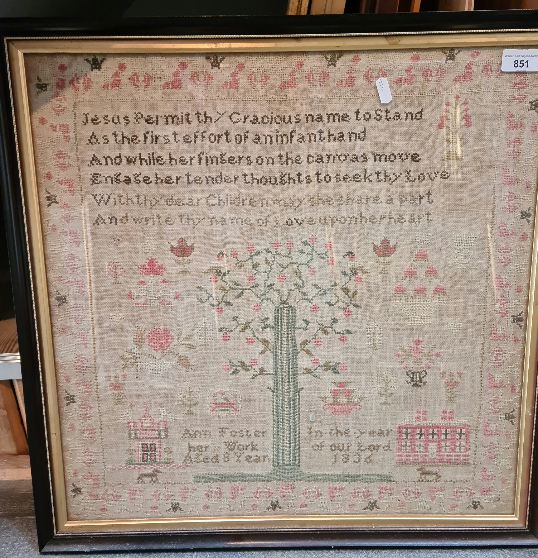 A 19th century sampler, dated 1836, framed and glazed.